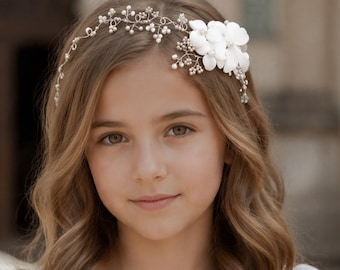 Handcrafted First Holy Communion Floral Hair Vine – Pure White & Ivory