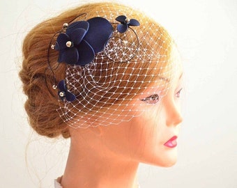 Navy blue birdcage veil with fascinator Birdcage veil in navy blue  Bridal veil clip Wedding fascinator Wedding hair accessories Hair pin