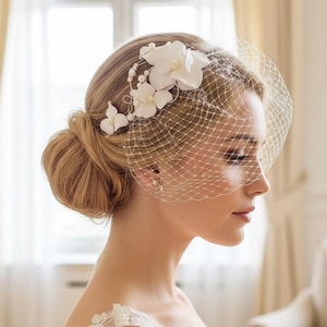 Floral Birdcage Veil with Pearls: Petite Bridal Headpiece