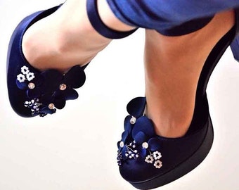 Navy Blue Floral Shoe Clips: Bridal Wedding Accessory