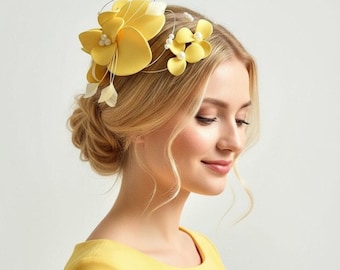 Large Yellow Fascinator – Handmade Floral Headpiece with Pearls, Wedding Hair Accessory