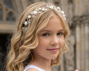 First Communion Wreath, Mini Rose Halo Crown, Gold or Silver Wire, Crystal Bridal Headpiece,