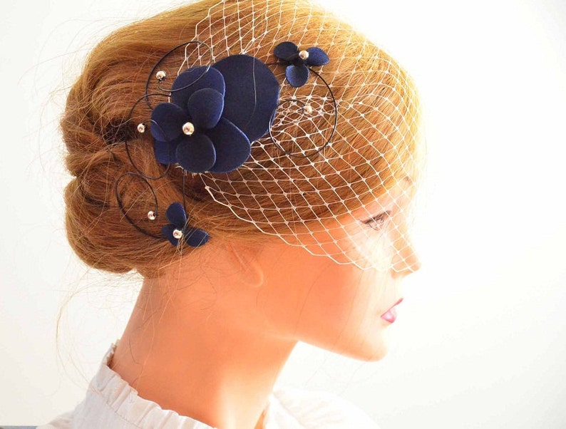 Navy Blue Birdcage Veil With Fascinator Birdcage Veil in Navy Etsy