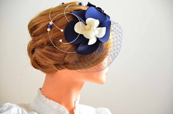 Large Fascinator Hat Navy Blue Wedding Headpiece Flower Etsy