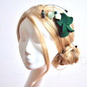 Unique fascinator in dark and light green color, Modern hair decoration, Wedding hair clip, Green fascinator image 4