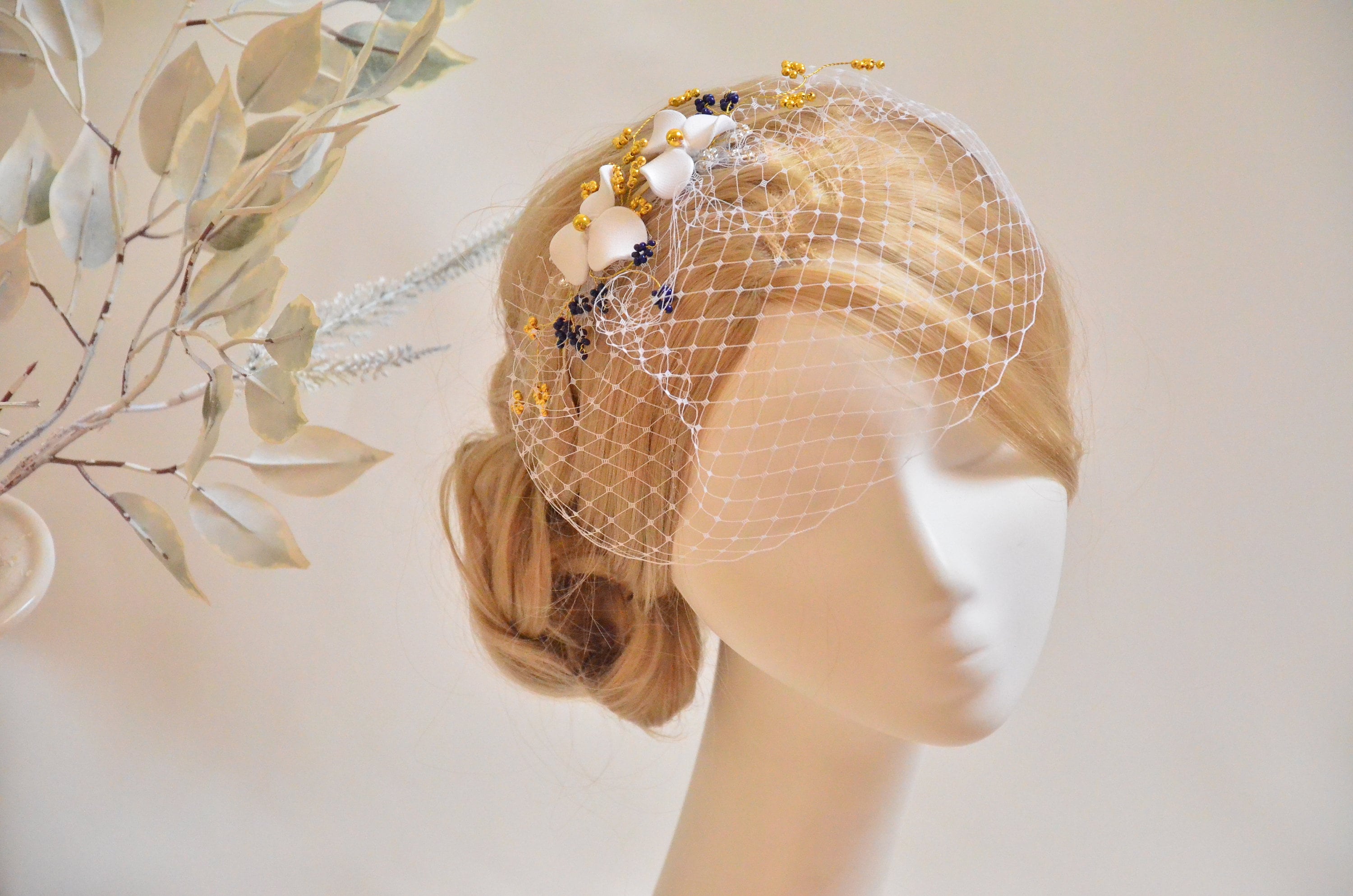 Elegant Pearl Beaded Bridal Headband with Birdcage Veil | Bachelorette & Wedding London Ivory Chunky Pearl Birdcage Headband main image 3