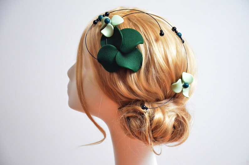 Unique fascinator in dark and light green color, Modern hair decoration, Wedding hair clip, Green fascinator image 2