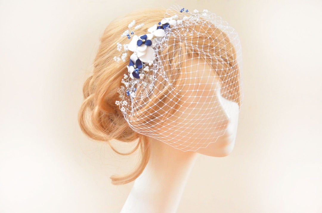 Ivory and Navy Birdcage Veil Flower Headpiece With Veil Etsy