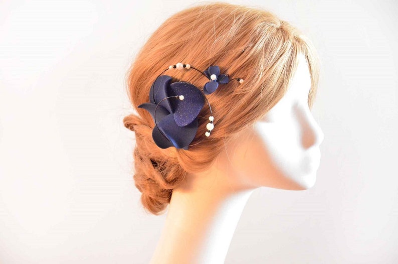 Navy blue orchid mini fascinator clip, Bridesmaid floral hair piece, Bridesmaids gifts image 5