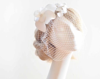 Unique large fascinator with birdcage veil, Bridal hat alternative with netting, Wedding hair decoration
