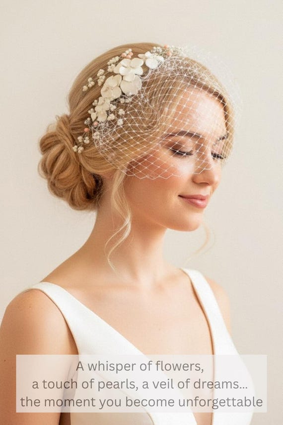 Bird Cage Veil - Chic Floral with Baby Pink and Cream Roses Silk flower bouquet with bandeau birdcage veil - Style # 304 main image 2