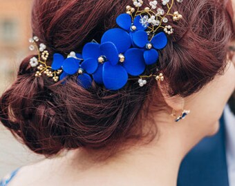 Royal blue hair piece, Royal blue flower hair piece, Bridal hair band, Pearl head piece, Wedding hair accessory, Bridesmaids hair clip