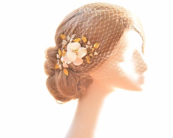 Voile bandeau unique en forme de cage à oiseaux ivoire et or, casque de mariée, accessoires pour cheveux de demoiselles d'honneur, voile de mariage, pince à fleurs pour la mariée,