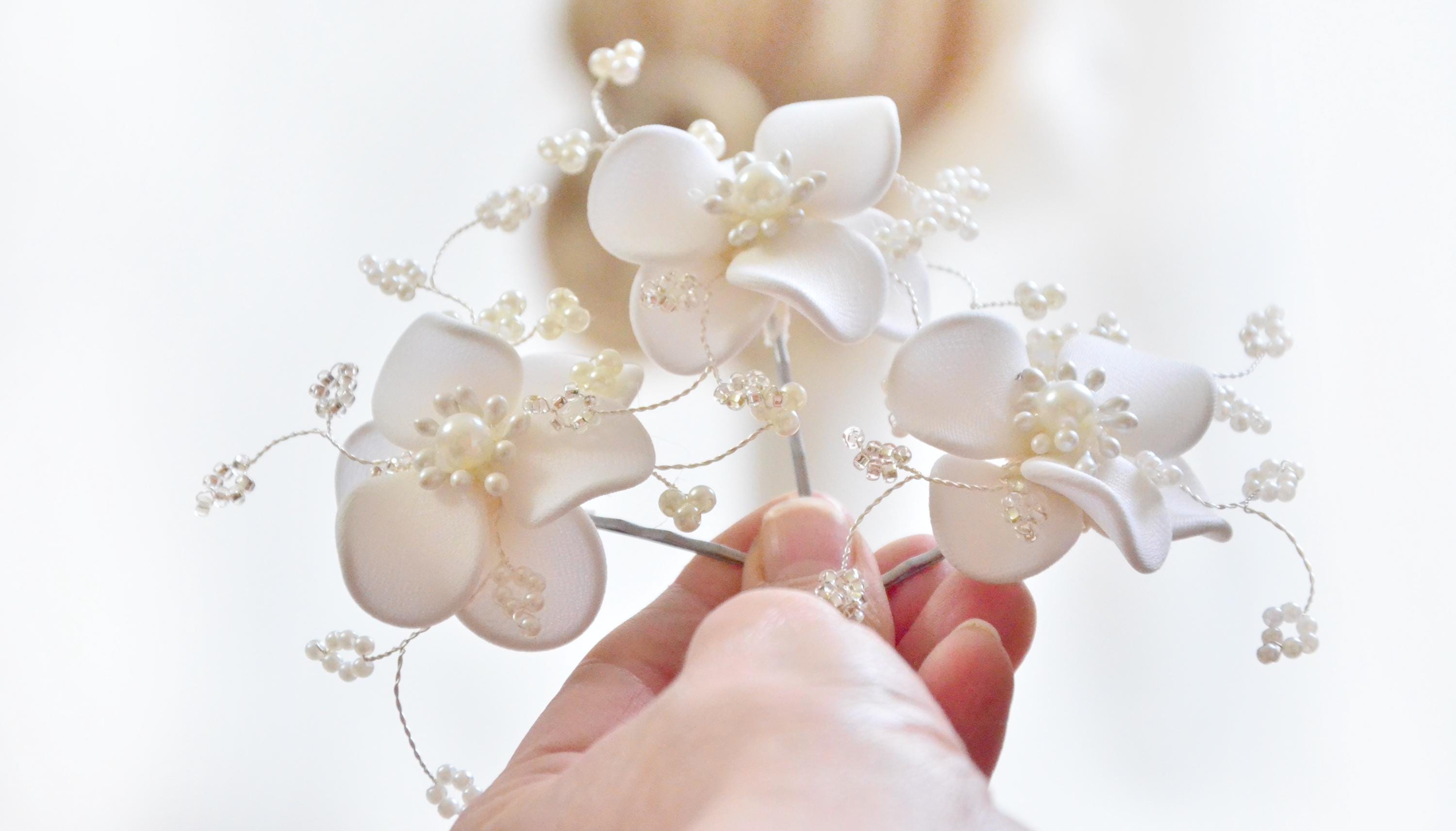 Ivory and White Bridal Hair Set -3 Piece Floral Pins With 