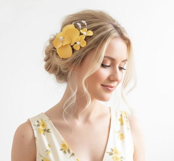 Beloved Millinery Yellow Floral Feather Fascinator Hat Women\'s Accessories Gorgeous Beloved Millinery Fascinator Side Loop Feathers  main image 2