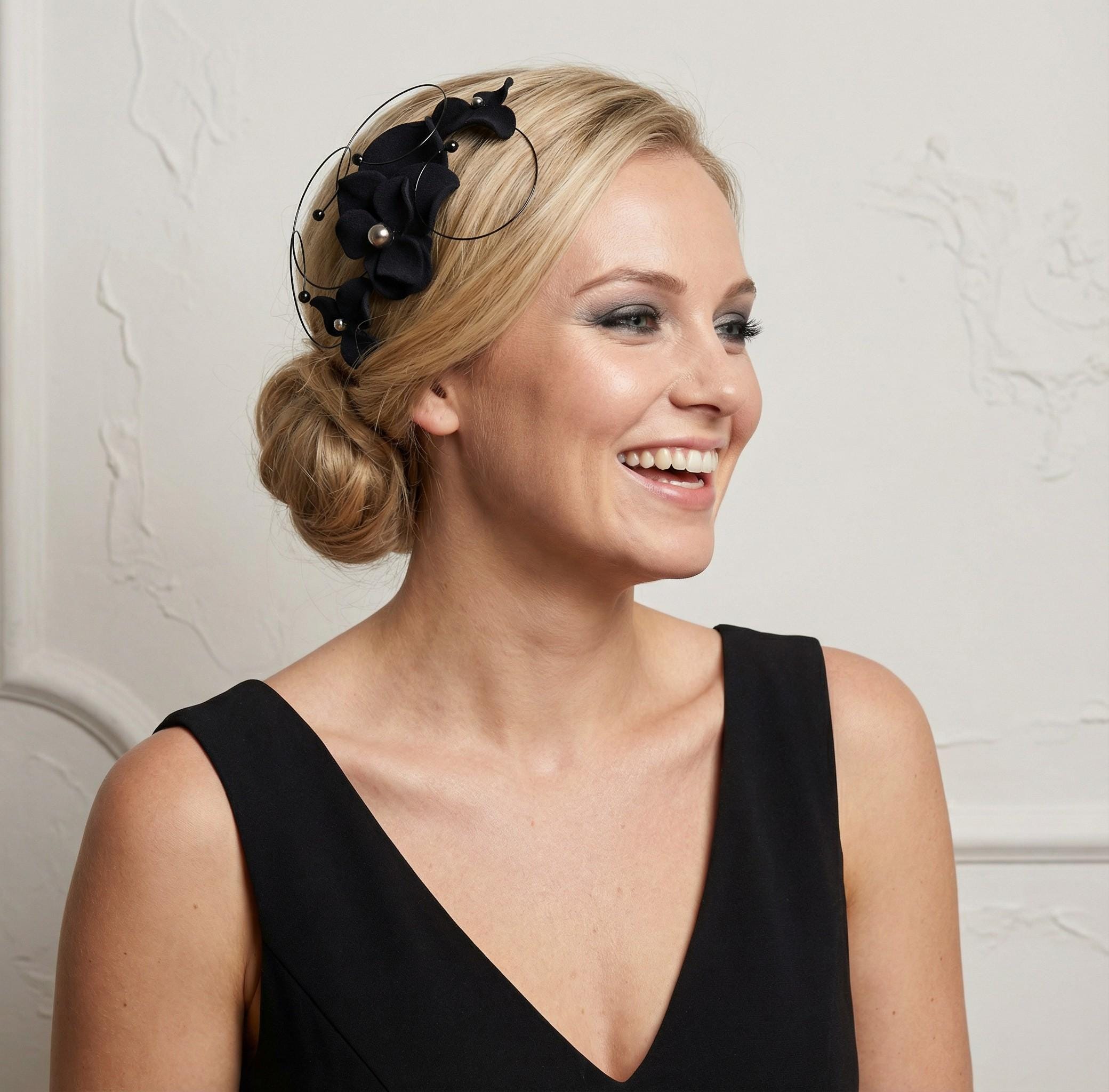 Black Floral Fascinator With Beaded Wire Loops – Custom  display picture 3
