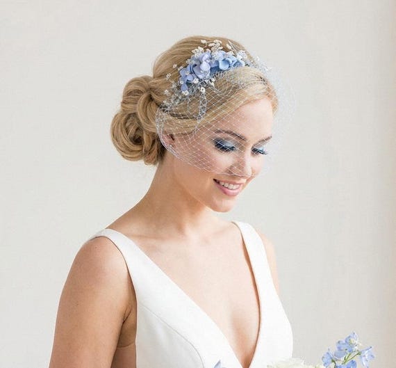 Pale Blue Birdcage Veil Clip or Headband – Mini Veil  display picture 1