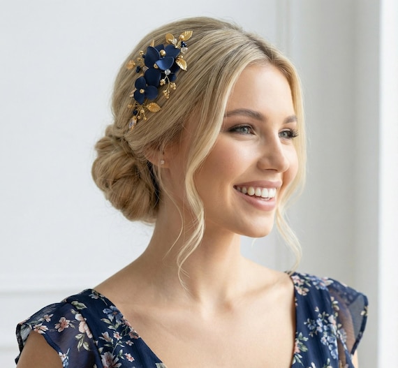 Navy and Gold Floral Hairpiece – Handmade Wedding Headpiece  display picture 3