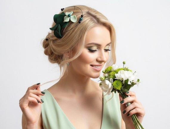 Green Leaf Fascinator – Unique Flat Floral Headpiece With 