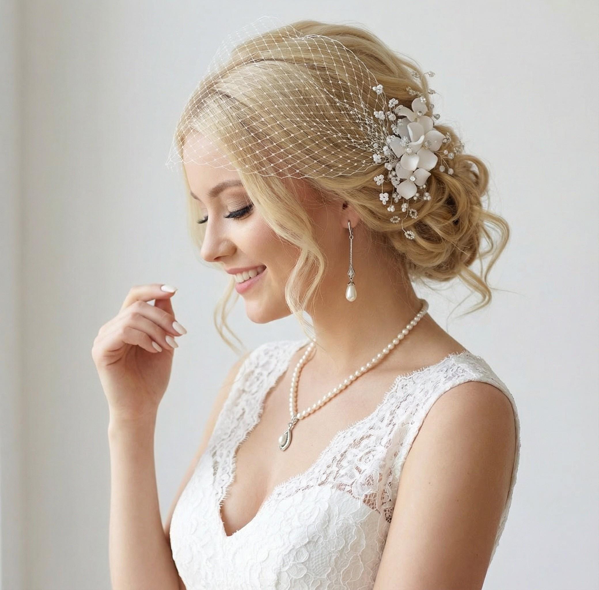 Wedding Bridal Veil Headpiece White&Ivory Headband Floral Spray/Beads Detachable Amazon.com : SWEETV Flower Bridal Headbands Ivory-Wedding  main image 3