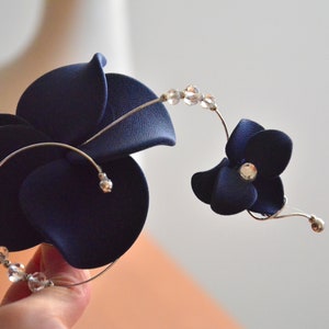 Navy blue orchid mini fascinator clip, Bridesmaid floral hair piece, Bridesmaids gifts image 2