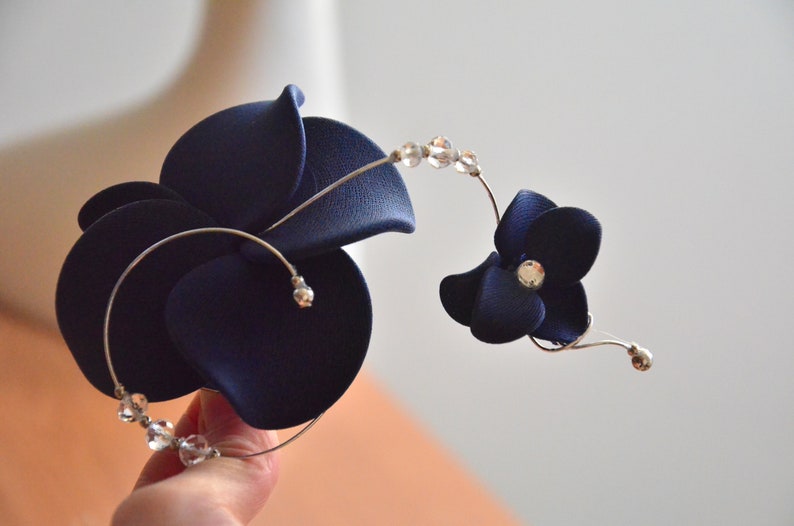 Navy blue orchid mini fascinator clip, Bridesmaid floral hair piece, Bridesmaids gifts image 2