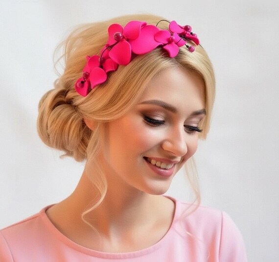 Fuchsia Pink Flower Headband With Handmade Flowers: Hair  display picture 2