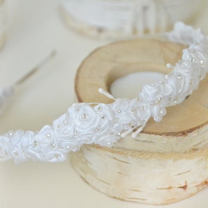 White headband with tiny roses, Bridal headband, Wedding hair accessory,