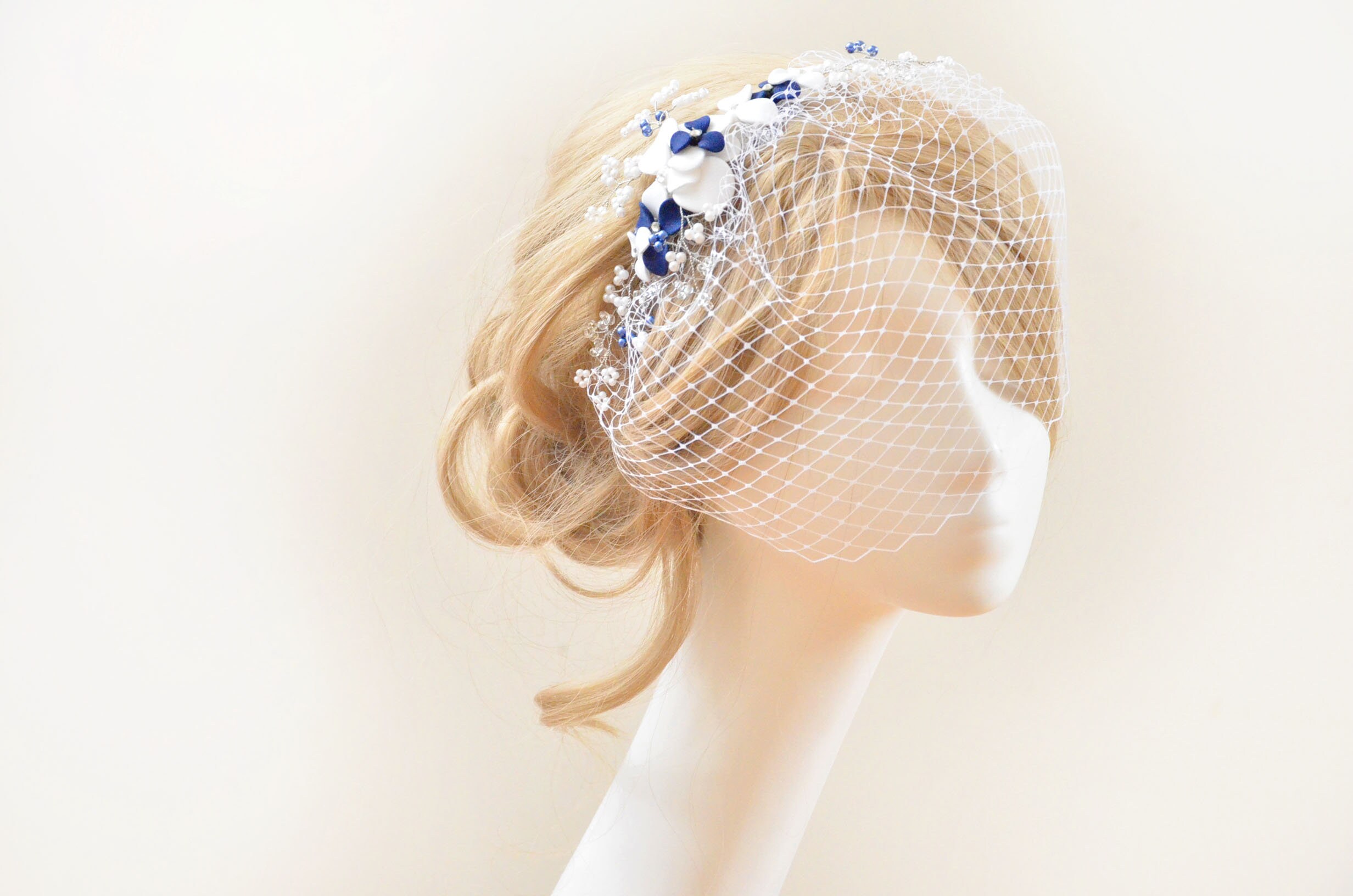 Ivory and navy birdcage veil Flower headpiece with veil Etsy