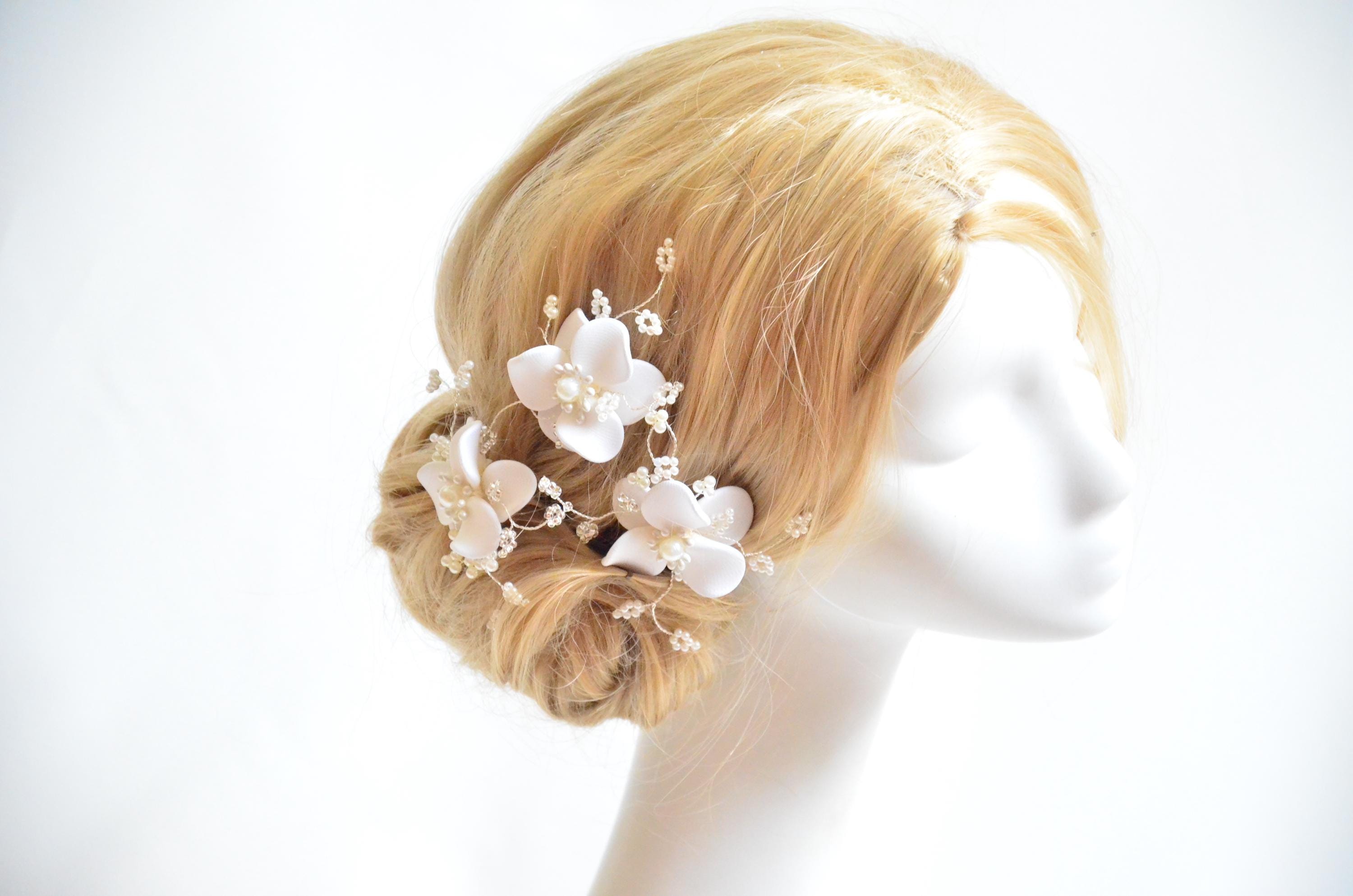 Formal Bridal Hair Accessories Three Pack White Ivory and White Bridal Hair Set -3 Piece Floral Pins With  main image 3