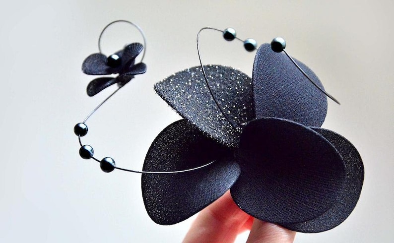 Black mini fascinator with orchid flowers decorated with beads, Halloween hair clip, Bridesmaids hair decoration, image 1