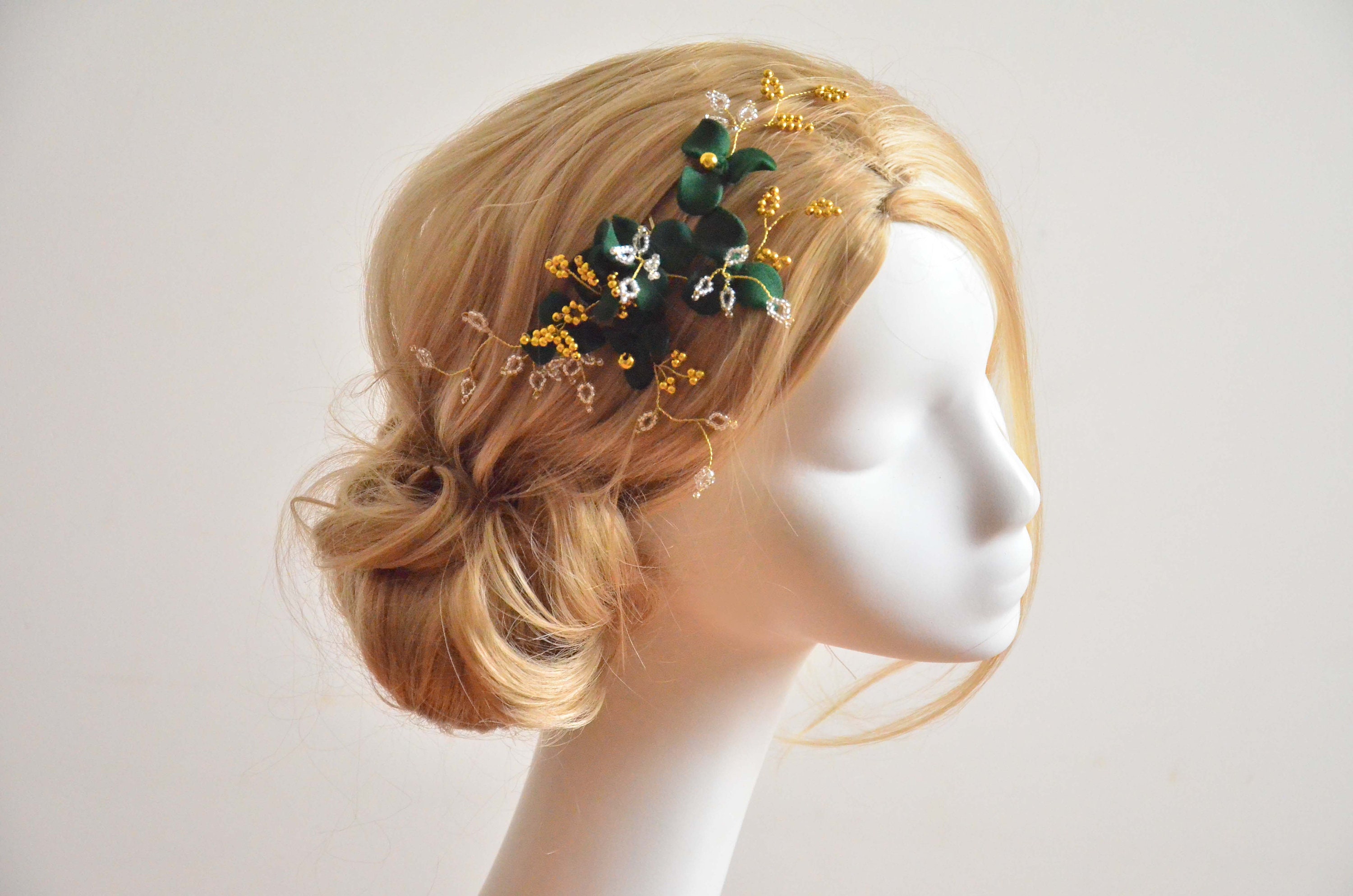 HANDMADE Elegant Gold and Green Floral Hair Comb Green Flower Wedding Hair Comb: Gold Leaf Bridal Hairpiece  main image 3