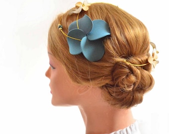 Classy and unique teal green ivory and yellow headband, Elegant hair piece, Bridesmaid facinator with flowers