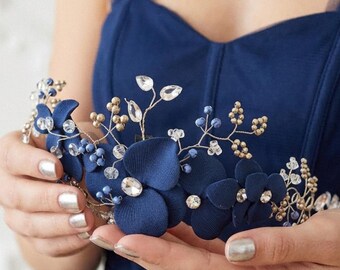 Navy Blue Floral Headpiece – Handmade Beaded Hair Accessory  display picture 3