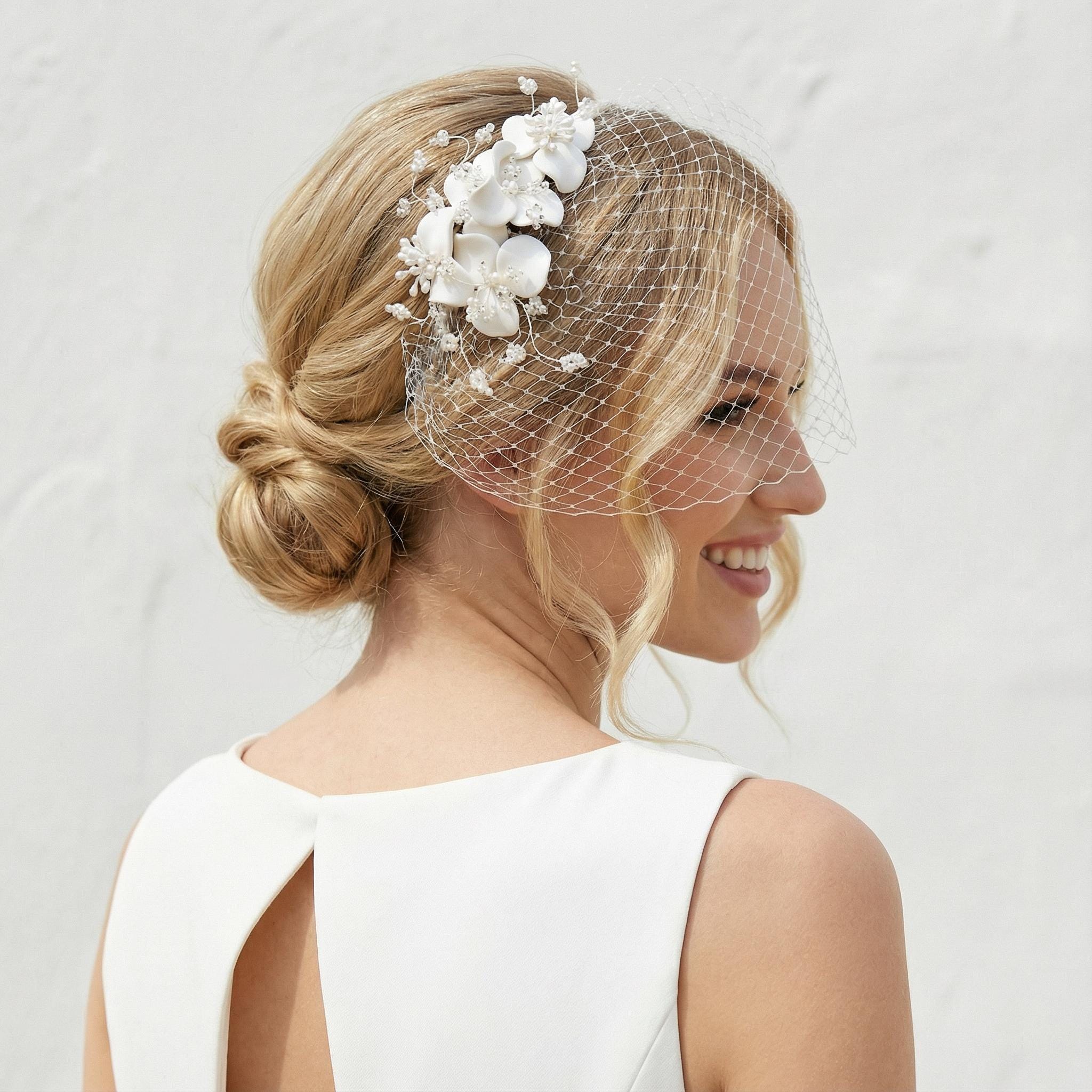 Ivory Birdcage Veil: Tiny Flowers, Beaded Bridal Hairpiece