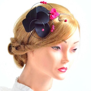 Black mini fascinator with orchid flowers decorated with beads, Halloween hair clip, Bridesmaids hair decoration, image 4