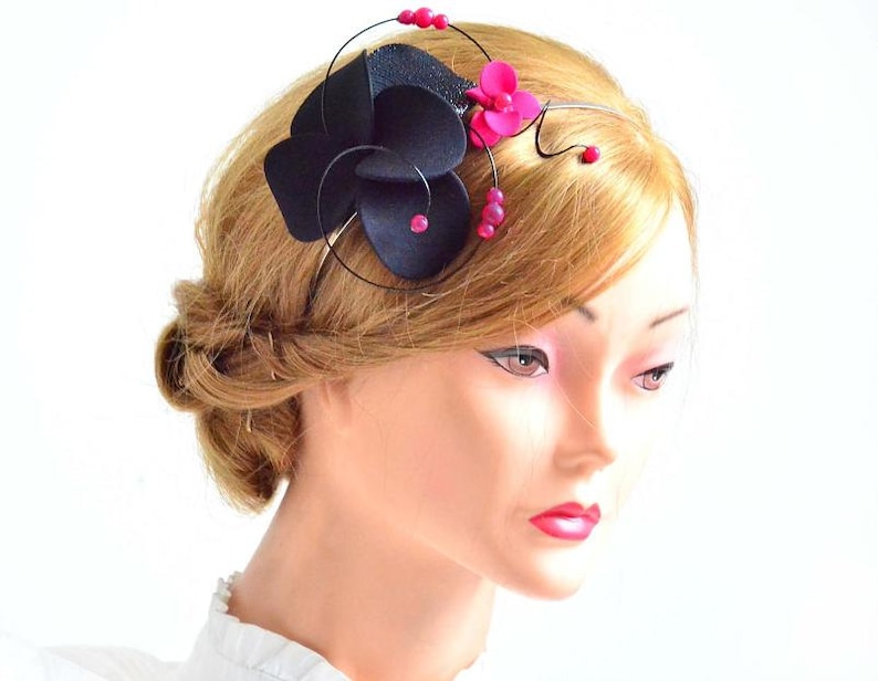 Black mini fascinator with orchid flowers decorated with beads, Halloween hair clip, Bridesmaids hair decoration, image 4