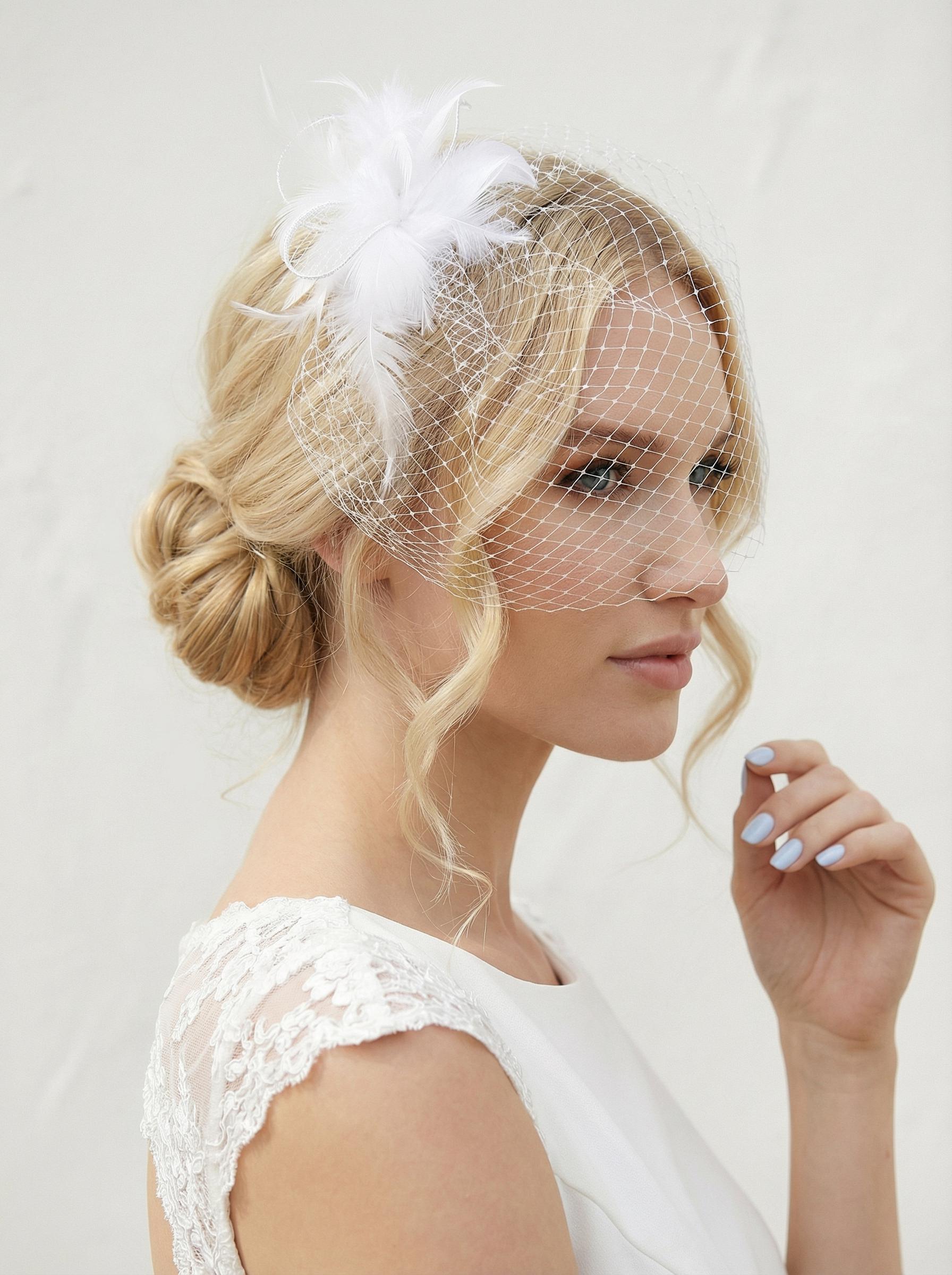 Birdcage Wedding Veil Fascinator With Feather Accent With Headband and Hair Clip Wedding hat with veil and flowers - Floral birdcage veil  main image 3