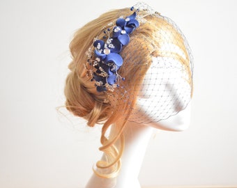 Navy blue birdcage veil, Birdcage veil headband, White birdcage veil headpiece, Bridesmaid headpiece, Bridesmaids veil, Navy blue veil clip