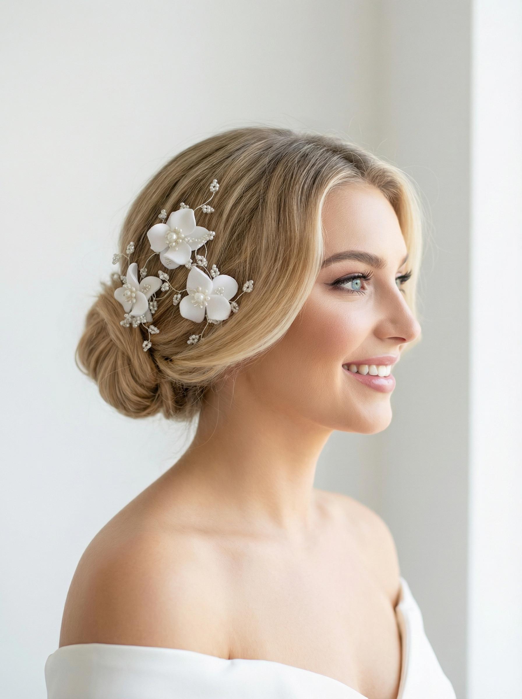 Ivory and White Bridal Hair Set -3 Piece Floral Pins With 