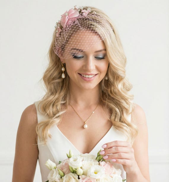 Pale Pink Birdcage Veil With Decorative Headpiece, Wedding  display picture 1