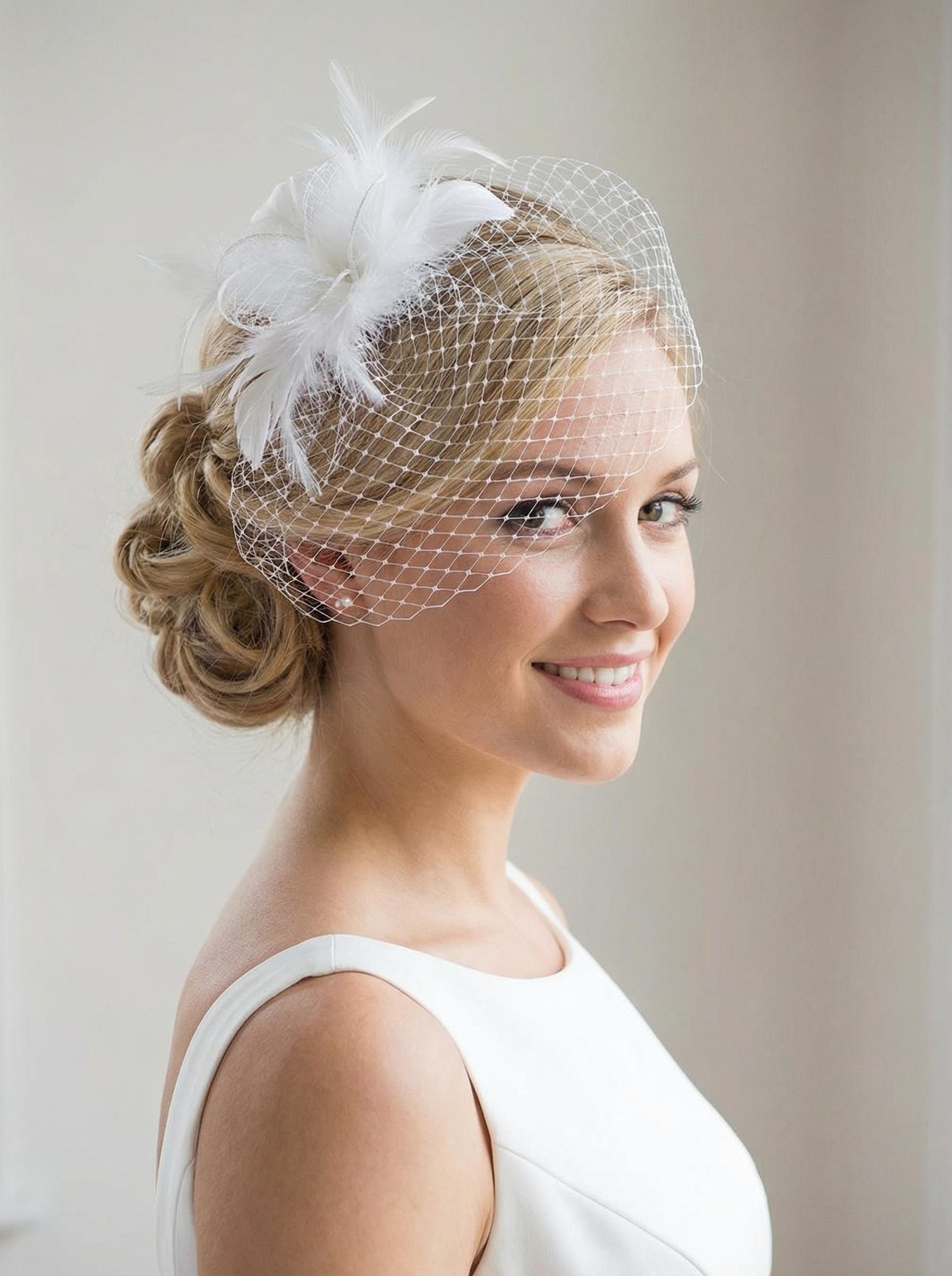 Birdcage Wedding Veil Fascinator With Feather Accent With Headband and Hair Clip Wedding hat with veil and flowers - Floral birdcage veil  main image 2