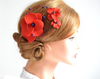 Red mini fascinator with flowers,  Modern hair piece, Unique bridesmaids hair flower,