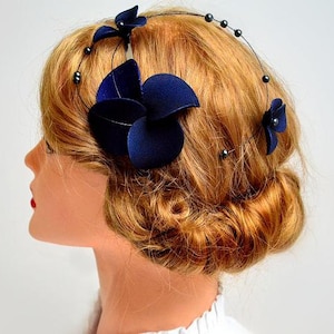 Simple and navy blue mini fascinator, Unique hair decoration, Wedding hair accessory