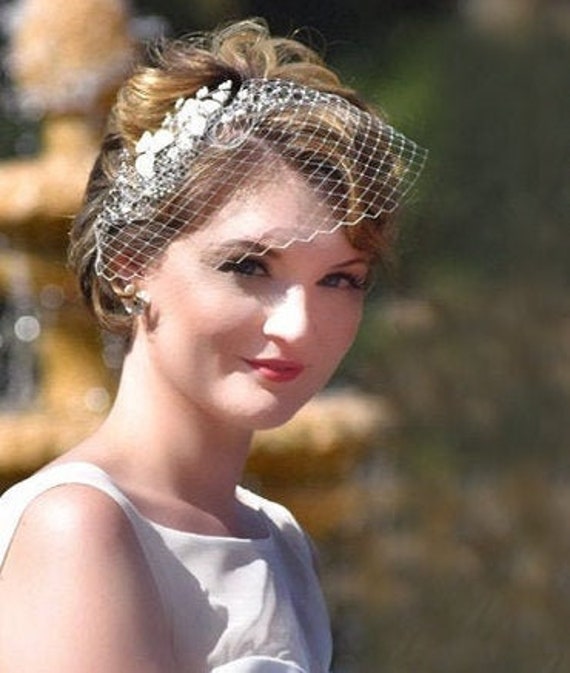 Mini Birdcage Veil With Flowers Bridal Birdcage Fascinator With