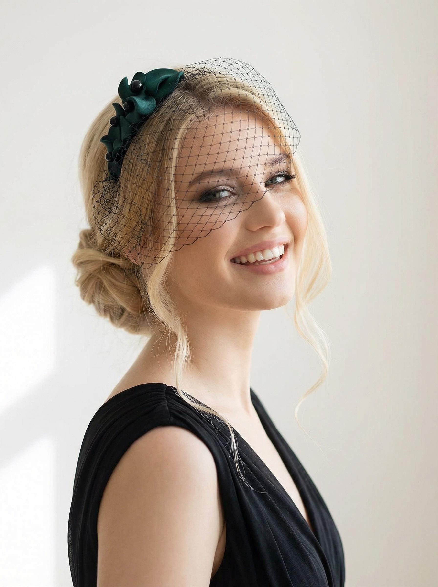Black Birdcage Veil With Green Flowers – Handmade Bridal  display picture 3