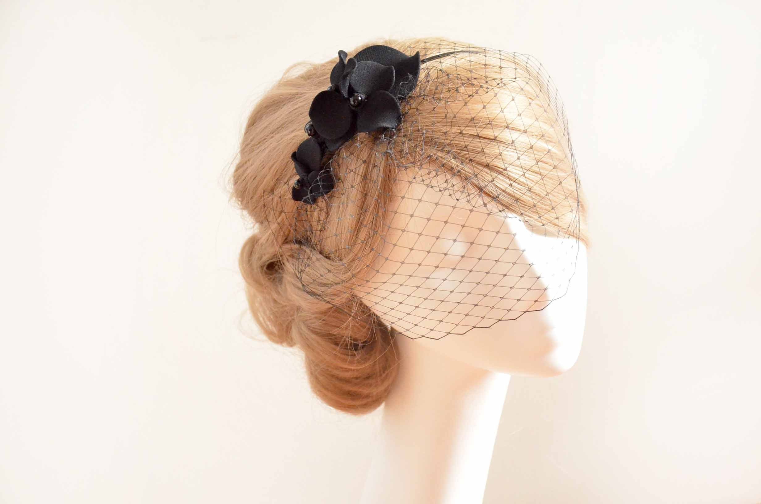 Bellissima Black Rosette Fascinator Headband with Birdcage Veil Black Bow Birdcage Veils Headband Fascinator Cocktail Hats  main image 3