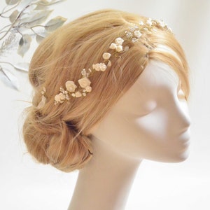 First Communion crown with roses and beads, Gold and ivory delicate headband, Bridal head piece, Wedding hair accessory,