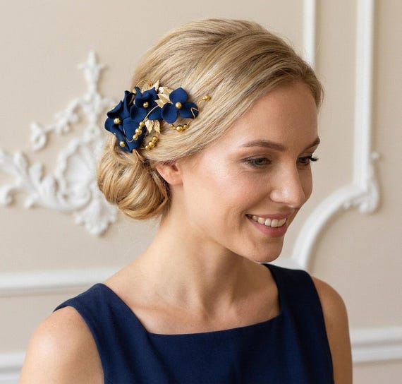Navy Blue and Gold Floral Headpiece – Elegant Hair Accessory  display picture 3