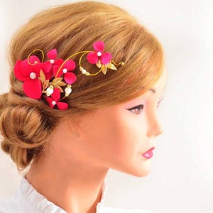Fuchsia and gold headpiece, Wedding headpiece,  Fascinator, Delicate jewellery Flower girl headpiece Bridesmaid hair  Wedding hair accessory